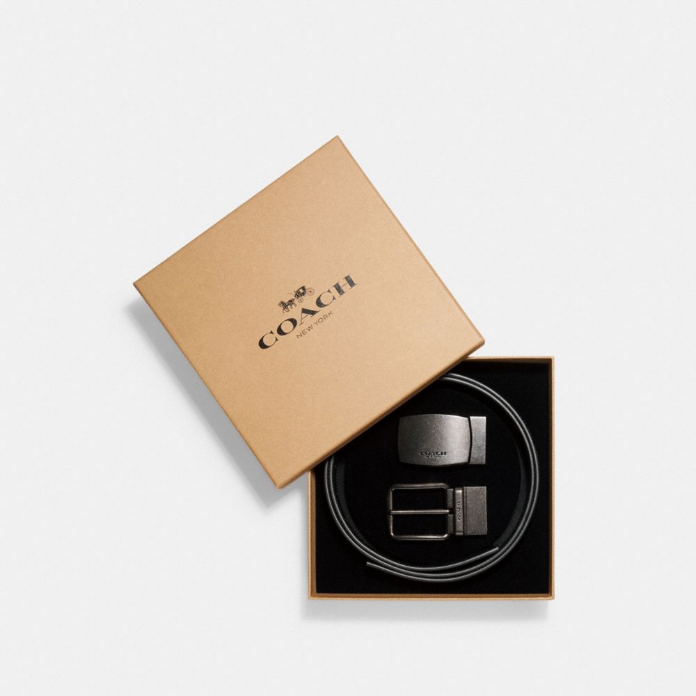 COACH®,BOXED PLAQUE AND HARNESS BUCKLE CUT-TO-SIZE REVERSIBLE BELT, 38MM,Gunmetal/Tan,Front View