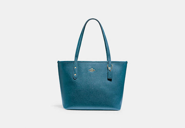 COACH®,MINI CITY ZIP TOTE,pusplitleather,Small,Gold/Dark Teal,Front View