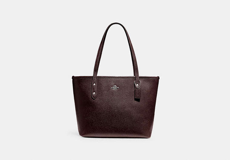 COACH®,MINI CITY ZIP TOTE,pusplitleather,Small,Gold/Oxblood 1,Front View