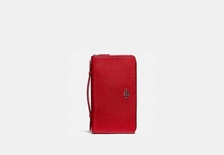 COACH®,DOUBLE ZIP TRAVEL WALLET,PU Split Leather,Gunmetal/True Red,Front View