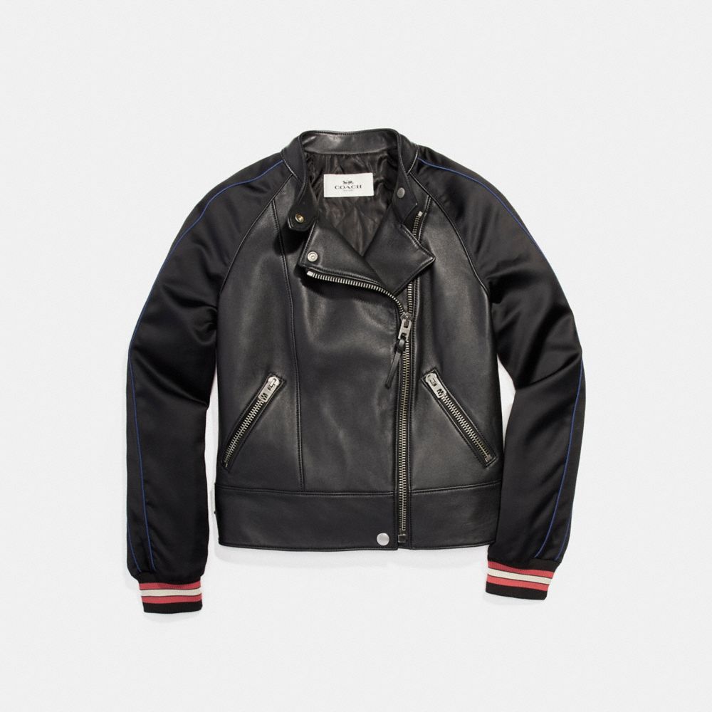 COACH®,RACER JACKET WITH SATIN SLEEVES,mixedmaterial,Black,Front View image number 0