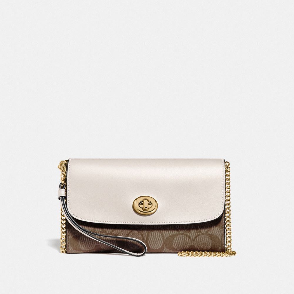 COACH®,BANDOULIÈRE CHAÎNE EN TOILE SIGNATURE,pusplicuir,Or/Kaki/Craie,Front View