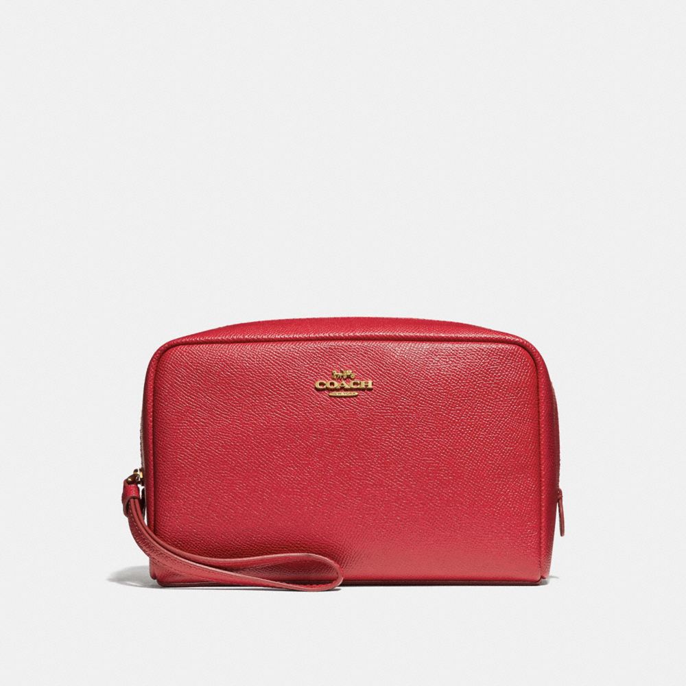 COACH®,BOXY COSMETIC CASE,pusplitleather,Small,Gold/True Red,Front View