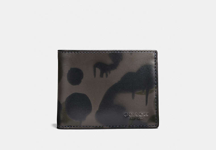 COACH®,BOXED SLIM BILLFOLD WALLET WITH CAMO PRINT,n/a,Charcoal,Front View