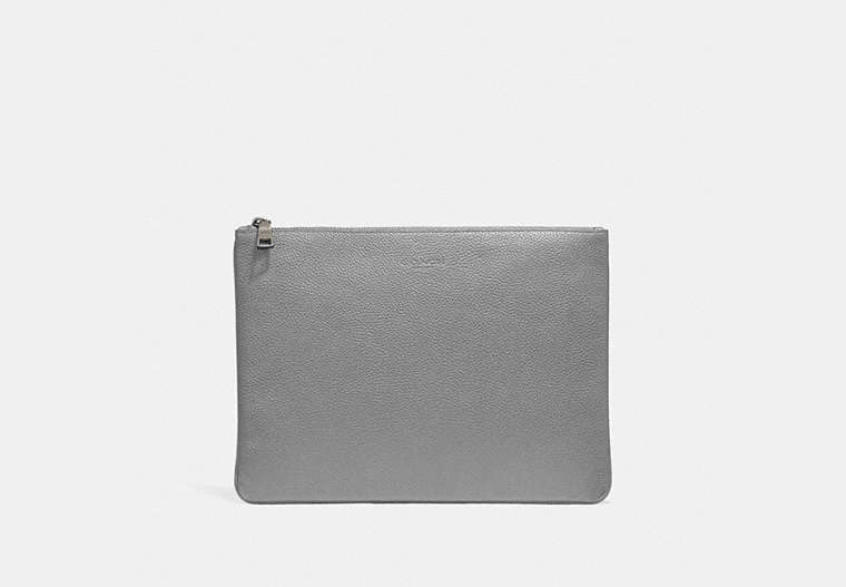 COACH®,LARGE MULTIFUNCTIONAL POUCH,Pebbled Leather,HEATHER GREY,Front View