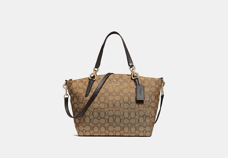 COACH®,SMALL KELSEY SATCHEL IN SIGNATURE JACQUARD,Coated Canvas,Medium,Gold/Khaki Brown,Front View
