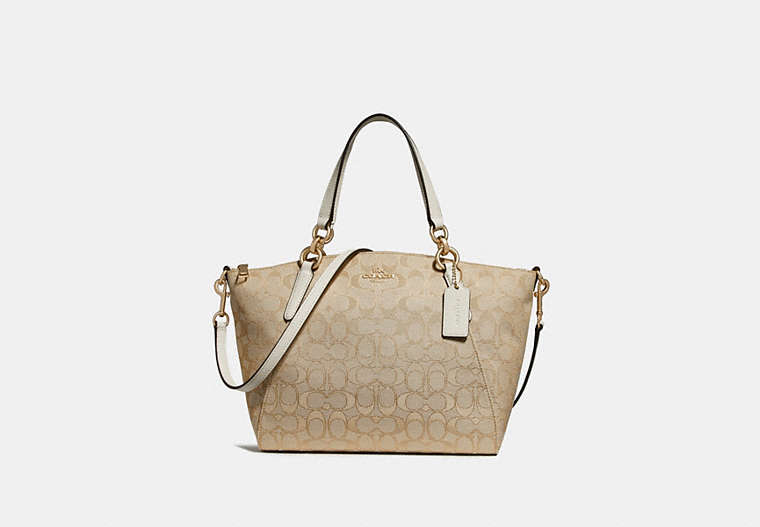 COACH®,SMALL KELSEY SATCHEL IN SIGNATURE JACQUARD,Coated Canvas,Medium,Gold/Light Khaki Chalk,Front View