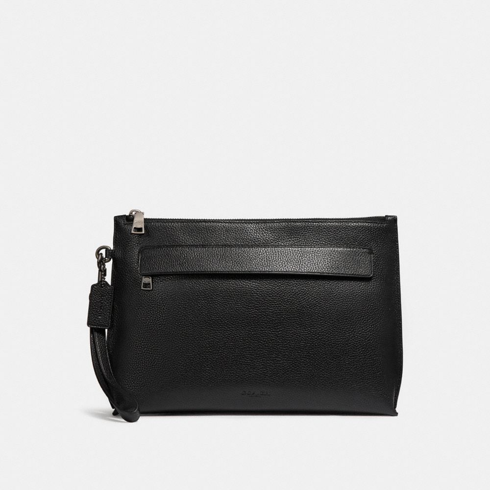 COACH®,CARRYALL POUCH,Pebbled Leather,Medium,Black,Front View
