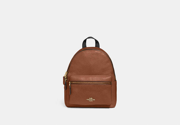 COACH®,MINI CHARLIE BACKPACK,Leather,Medium,Gold/Saddle 2,Front View