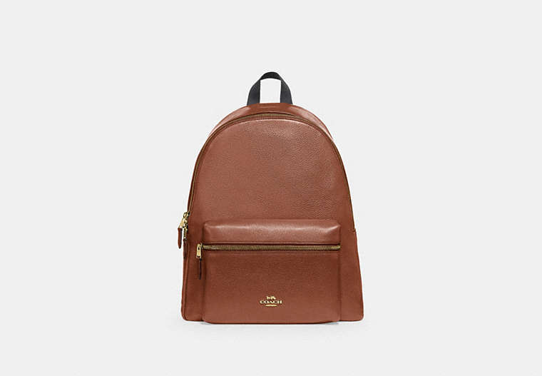COACH®,CHARLIE BACKPACK,Leather,Medium,Gold/Saddle 2,Front View