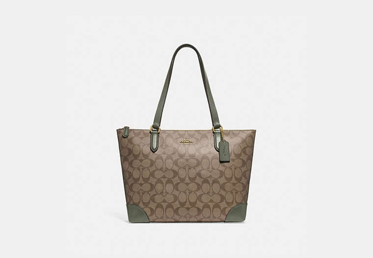 COACH®,ZIP TOP TOTE IN SIGNATURE CANVAS,pvc,Medium,Gold/Khaki/Military Green,Front View