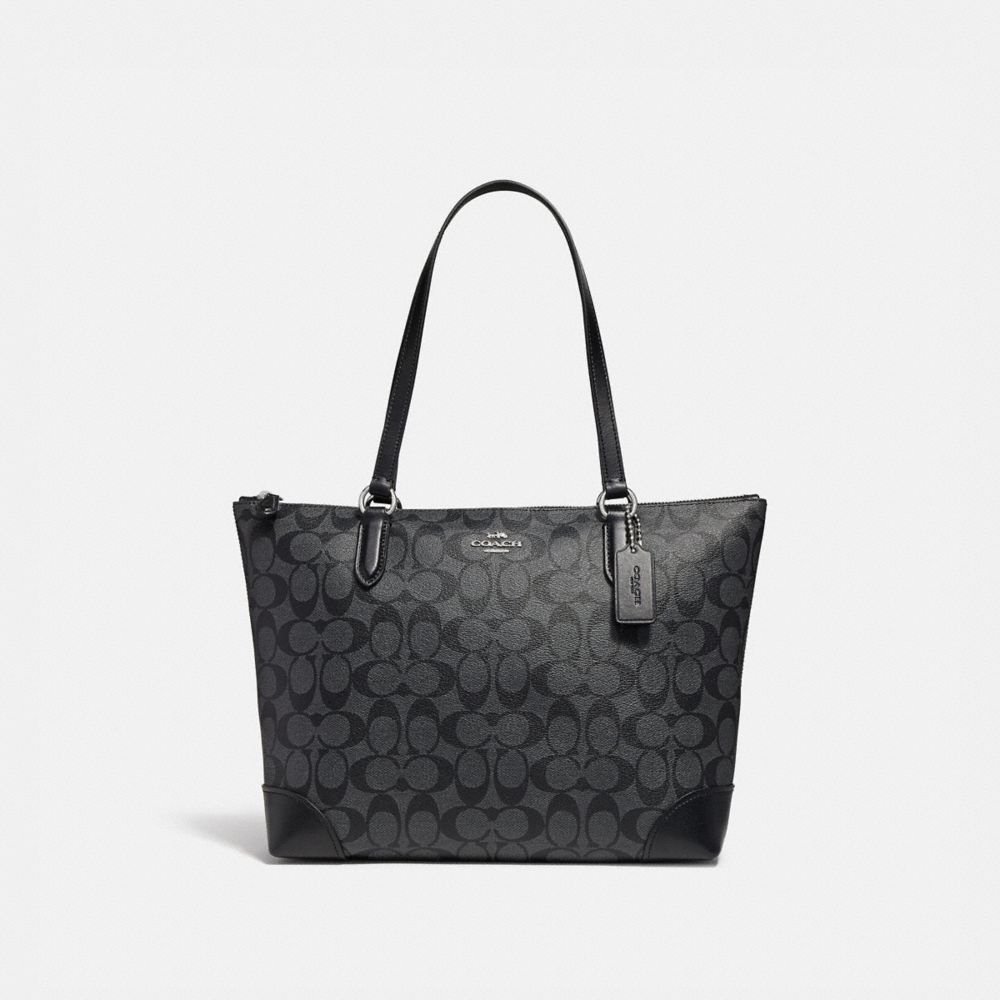 COACH®,ZIP TOP TOTE IN SIGNATURE CANVAS,pvc,Medium,Silver/Black Smoke,Front View