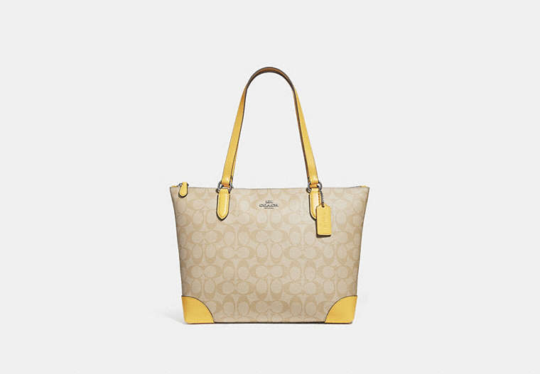 COACH®,ZIP TOP TOTE IN SIGNATURE CANVAS,pvc,Medium,Silver/Light Khaki/Light Yellow,Front View