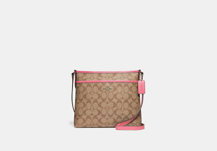 COACH®,FILE CROSSBODY IN SIGNATURE CANVAS,pvc,Medium,Gold/Khaki Pink Ruby,Front View