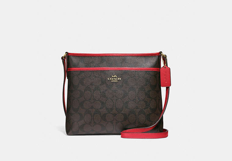 COACH®,FILE CROSSBODY IN SIGNATURE CANVAS,pvc,Medium,Gold/Brown True Red,Front View