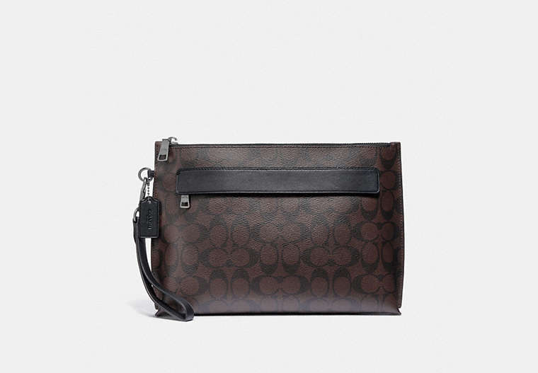 COACH®,CARRYALL POUCH IN SIGNATURE CANVAS,Leather,Gunmetal/Mahogany/Black,Front View