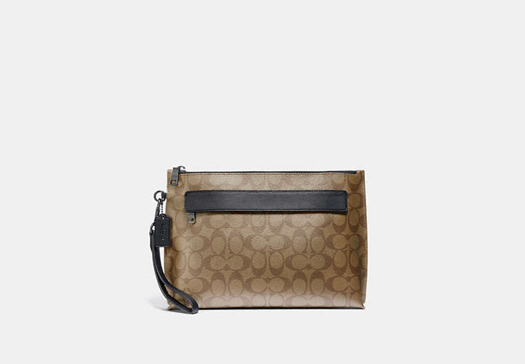 COACH®,CARRYALL POUCH IN SIGNATURE CANVAS,Leather,Gunmetal/Tan,Front View