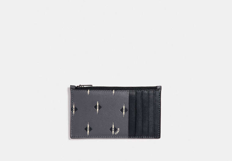 COACH®,ZIP CARD CASE WITH IKAT GEO PRINT,Leather,GRAPHITE,Front View