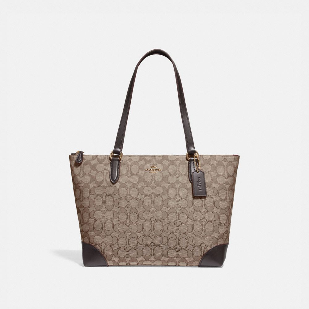 COACH®,ZIP TOP TOTE IN SIGNATURE JACQUARD,cotton,Medium,Gold/Khaki Brown,Front View