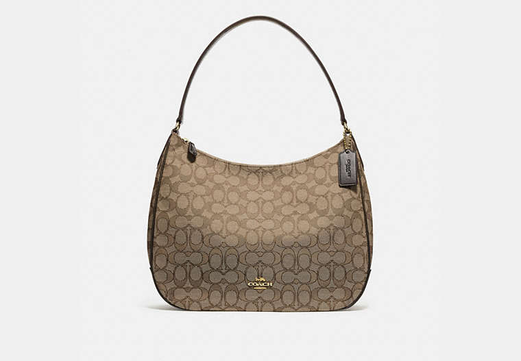 COACH®,ZIP SHOULDER BAG IN SIGNATURE JACQUARD,Coated Canvas,Large,Gold/Khaki Brown,Front View