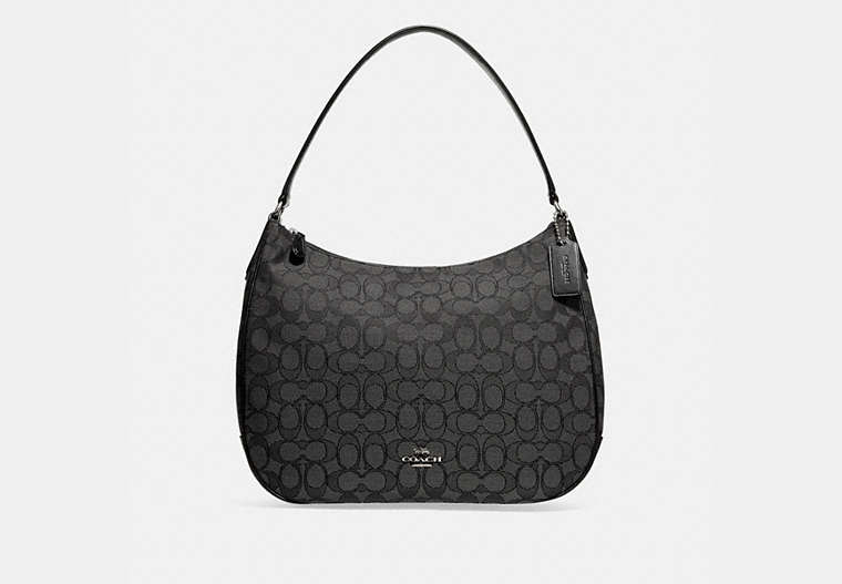 COACH®,ZIP SHOULDER BAG IN SIGNATURE JACQUARD,Coated Canvas,Large,Silver/Black Smoke,Front View