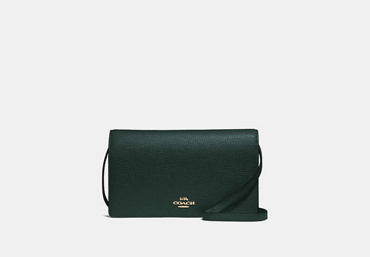 COACH®,FOLDOVER CROSSBODY CLUTCH,Leather,Gold/Ivy,Front View