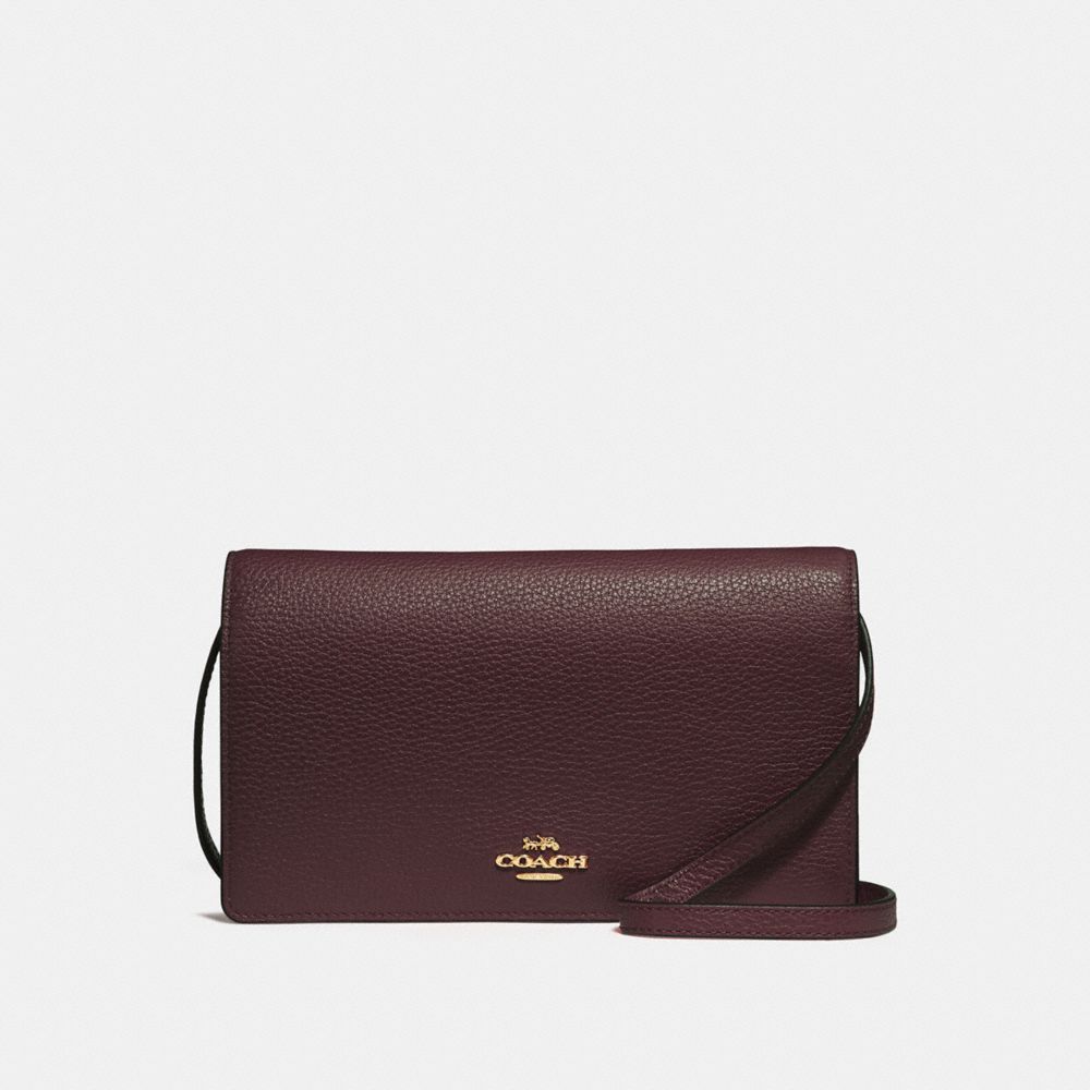 COACH®,FOLDOVER CROSSBODY CLUTCH,Leather,Gold/Wine,Front View