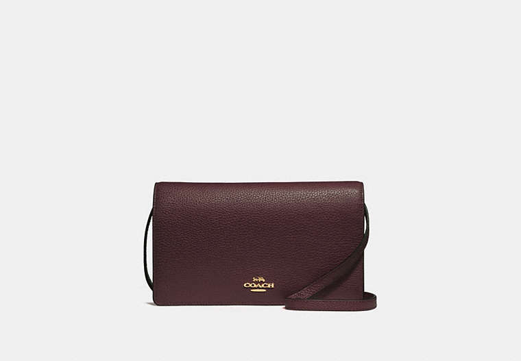 COACH®,FOLDOVER CROSSBODY CLUTCH,Leather,Gold/Wine,Front View