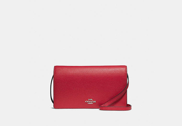 COACH®,FOLDOVER CROSSBODY CLUTCH,Leather,Silver/Bright Cardinal,Front View