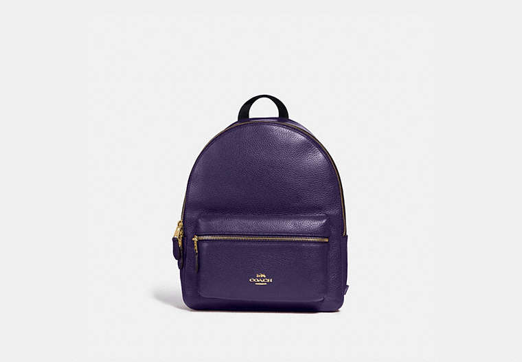 COACH®,MEDIUM CHARLIE BACKPACK,Leather,Large,Gold/Dark Purple,Front View