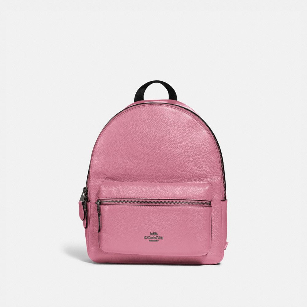 COACH®,MEDIUM CHARLIE BACKPACK,Leather,Large,Gunmetal/Pink Rose,Front View