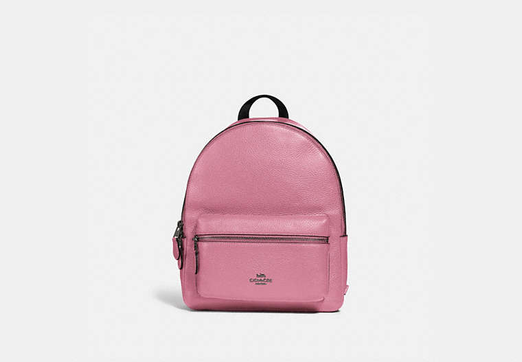 COACH®,MEDIUM CHARLIE BACKPACK,Leather,Large,Gunmetal/Pink Rose,Front View
