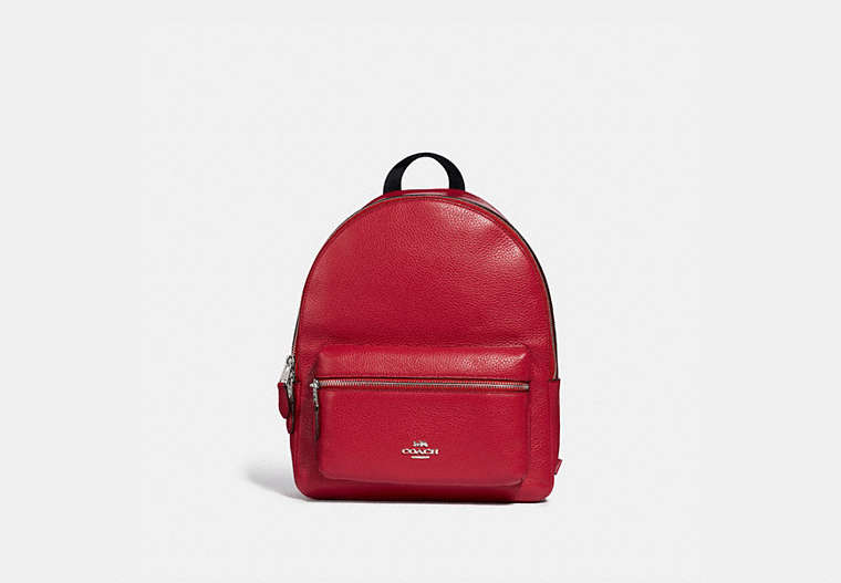 COACH®,MEDIUM CHARLIE BACKPACK,Leather,Large,Silver/Bright Cardinal,Front View