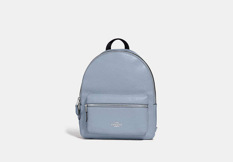 COACH®,MEDIUM CHARLIE BACKPACK,Leather,Large,Silver/Steel Blue,Front View
