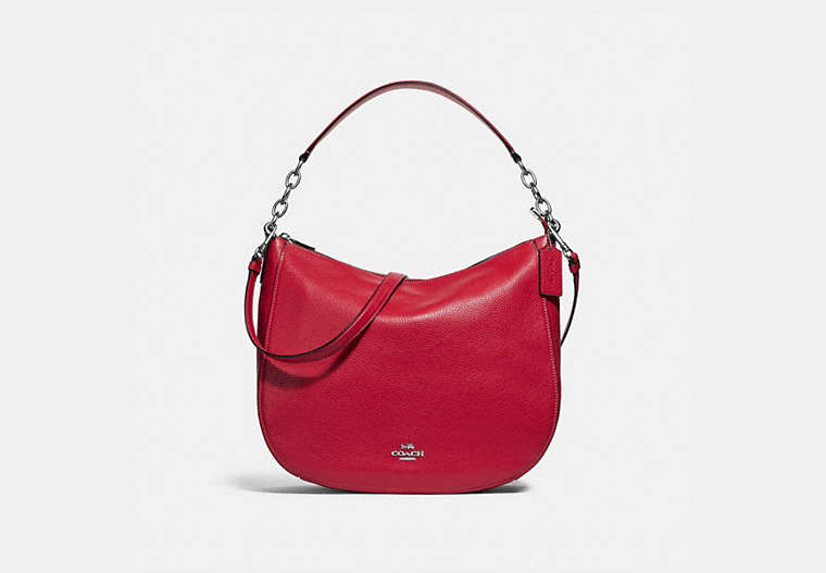 COACH®,ELLE HOBO,Leather,Large,Silver/Bright Cardinal,Front View