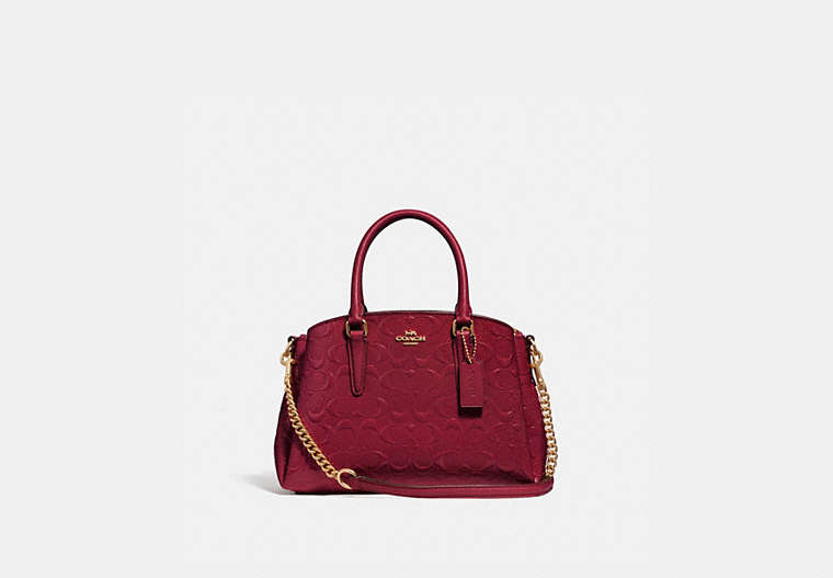 COACH®,MINI SAGE CARRYALL IN SIGNATURE LEATHER,Leather,Medium,Gold/Cherry,Front View
