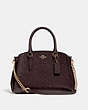 COACH®,MINI SAGE CARRYALL IN SIGNATURE LEATHER,Leather,Medium,Gold/Oxblood 1,Front View
