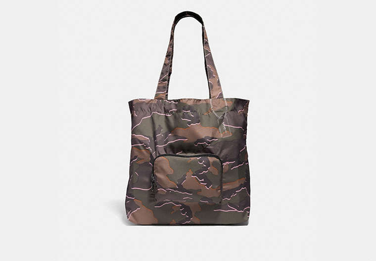 COACH®,PACKABLE TOTE WITH WILD CAMO PRINT,Synthetic,Large,Silver/GREEN MULTI,Front View