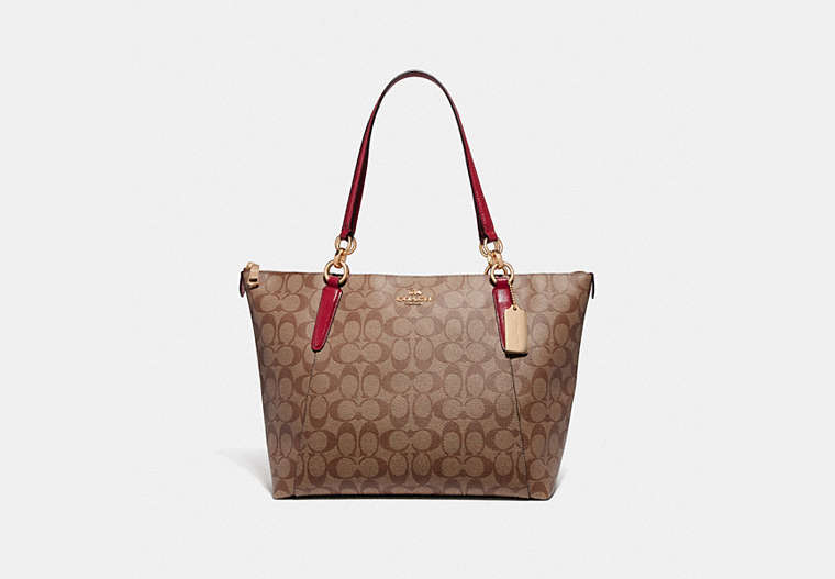 COACH®,AVA TOTE IN SIGNATURE CANVAS,pvc,Large,Gold/KHAKI/TRUE RED,Front View
