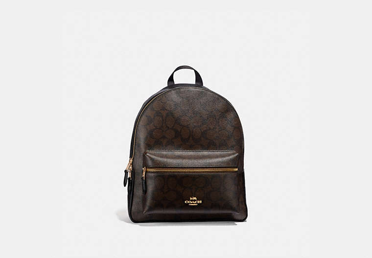 COACH®,MEDIUM CHARLIE BACKPACK IN SIGNATURE CANVAS,pvc,Small,Gold/Brown Black,Front View