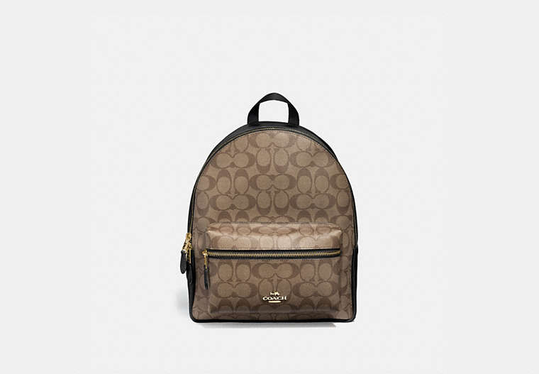 COACH®,MEDIUM CHARLIE BACKPACK IN SIGNATURE CANVAS,pvc,Small,Gold/KHAKI/BLACK,Front View