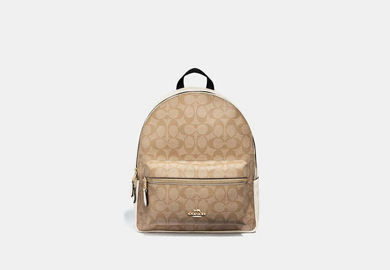 COACH®,MEDIUM CHARLIE BACKPACK IN SIGNATURE CANVAS,pvc,Small,Gold/Light Khaki Chalk,Front View