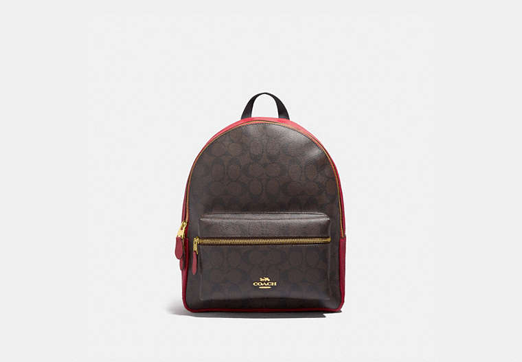 COACH®,MEDIUM CHARLIE BACKPACK IN SIGNATURE CANVAS,pvc,Small,Gold/Brown True Red,Front View