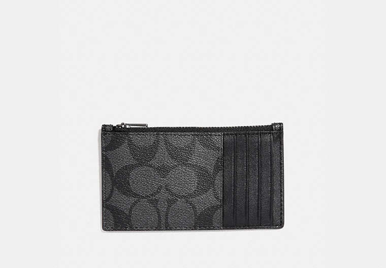 COACH®,ZIP CARD CASE IN SIGNATURE CANVAS,pvc,Charcoal/Black,Front View