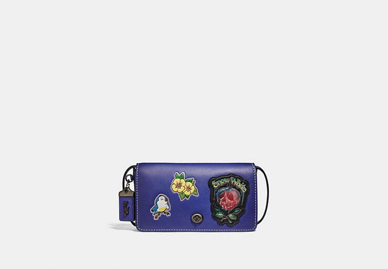 COACH®,DISNEY X COACH DINKY WITH PATCHES,Leather,Mini,Pewter/Purple,Front View