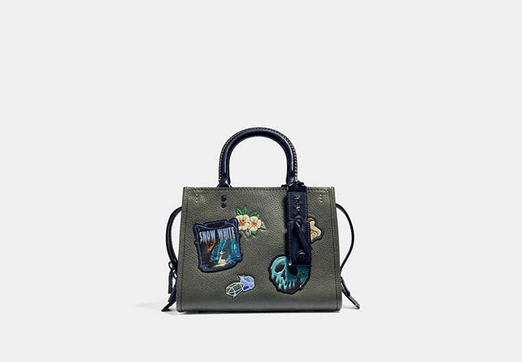 COACH®,DISNEY X COACH ROGUE 25 WITH PATCHES,Leather,Small,Black Copper/Army Green,Front View