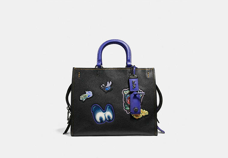 COACH®,DISNEY X COACH ROGUE WITH PATCHES,Leather,Medium,Black Copper/Black,Front View