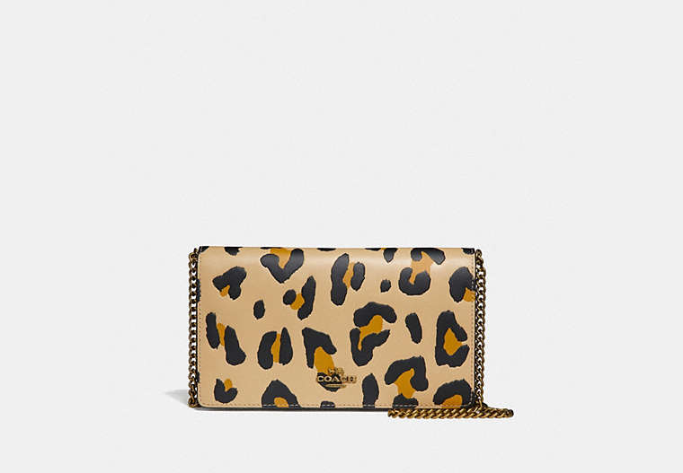 COACH®,CALLIE FOLDOVER CHAIN CLUTCH WITH LEOPARD PRINT,Leather,Mini,Brass/Leopard,Front View