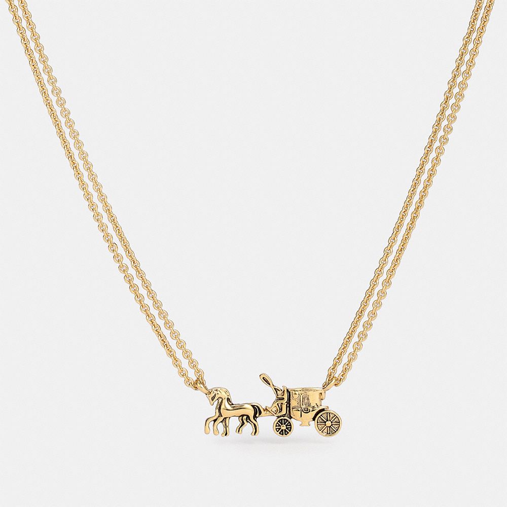 COACH®,HORSE AND CARRIAGE DOUBLE CHAIN NECKLACE,Gold,Front View