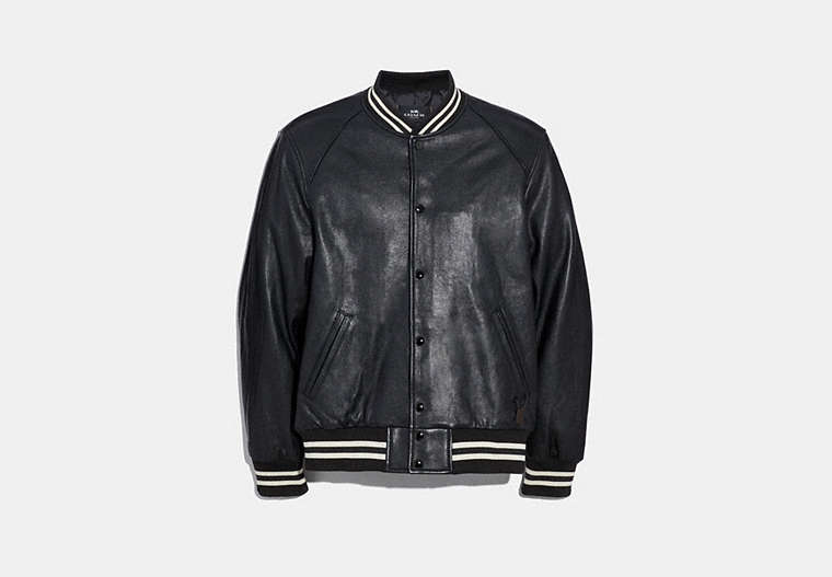 COACH®,LEATHER VARSITY JACKET,Black,Front View